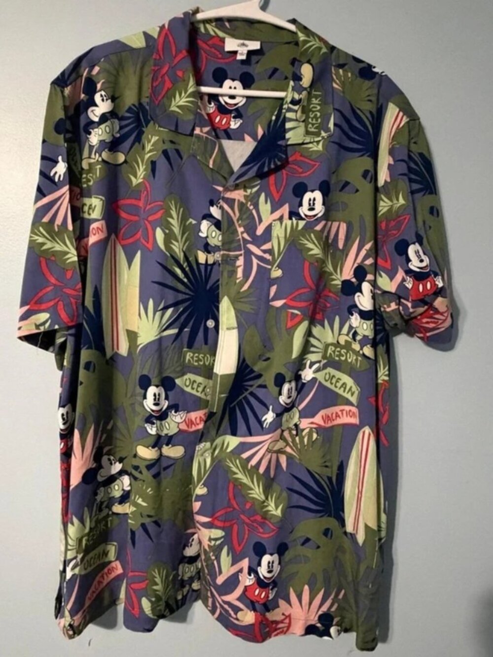 Disney Mickey Mouse Tropical Hawaiian Short Sleeve Button Down Shirt Size L